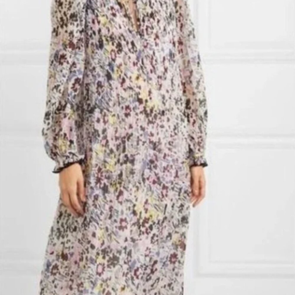 GANNI Floral Plissé Georgette Watercolor Midi Dress | Size EU 42